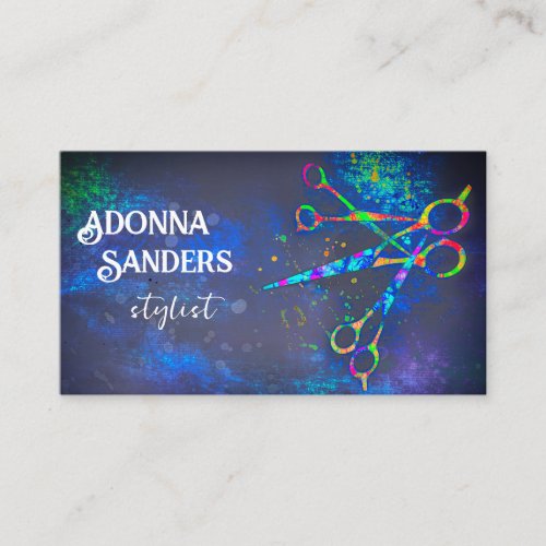 fun colorful scissors art on dark blue custom business card