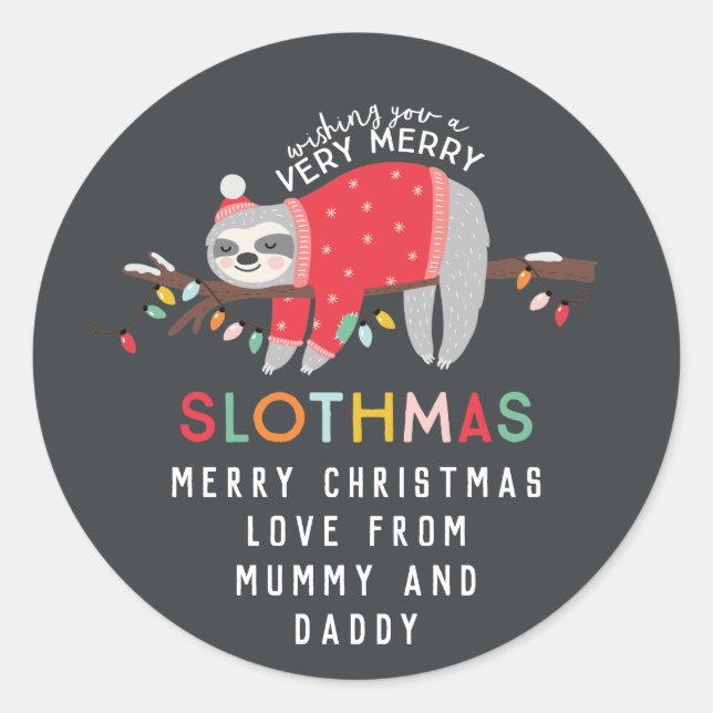 fun colorful sloth christmas classic round sticker (Front)