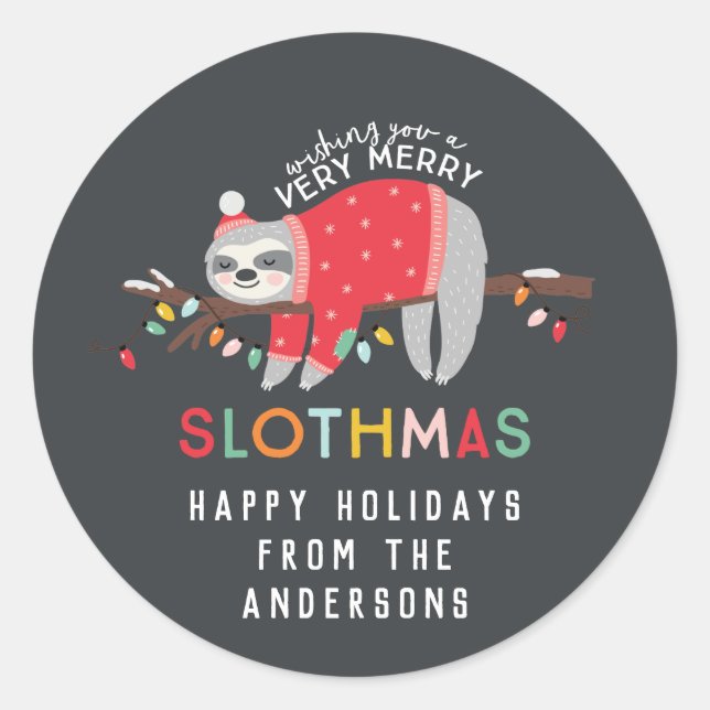 fun colorful sloth christmas classic round sticker (Front)