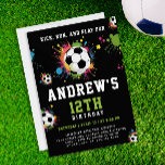Fun Colorful Soccer Birthday Party Black Sport Invitation<br><div class="desc">Join us for a vibrant soccer-themed birthday bash! Celebrate amidst colorful soccer balls and paint splatters against a sleek black backdrop, with a lively green reverse side. This playful invitation promises joy for kids, teens, and adults alike. Customize the details and make it your own, from the text to the...</div>