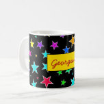 [ Thumbnail: Fun, Colorful Stars Pattern + Name Coffee Mug ]