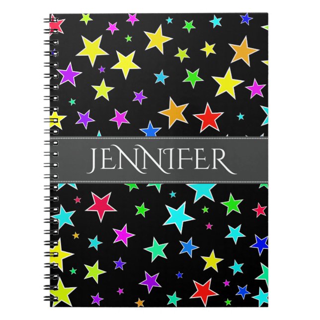Fun, Colorful Stars Pattern + Personalized Name Notebook (Front)