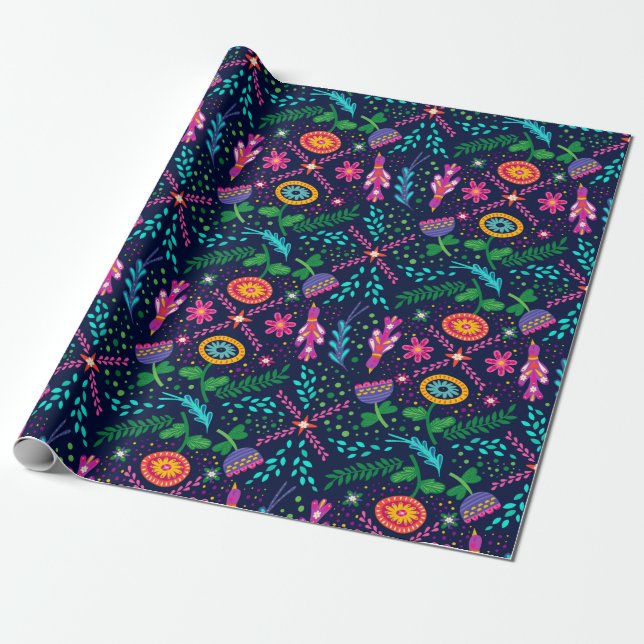 Fun Colorful Stylized Floral Wrapping Paper (Unrolled)