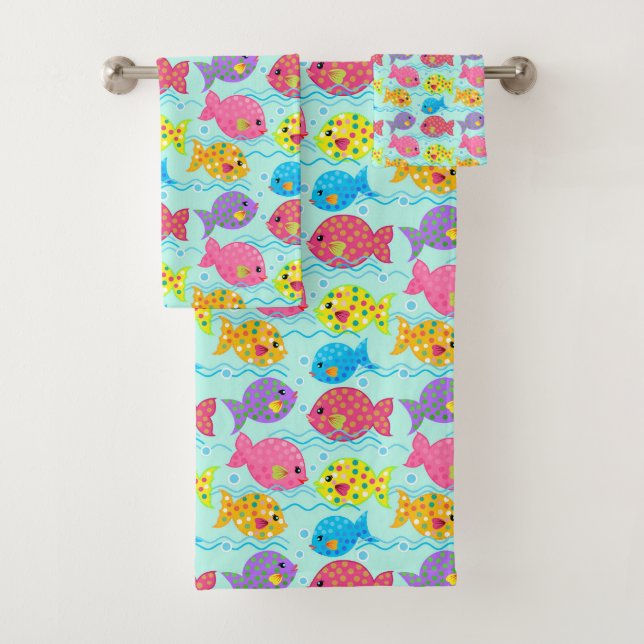 Fun Colorful Summer Fish Pattern Bath Towel Set (Insitu)