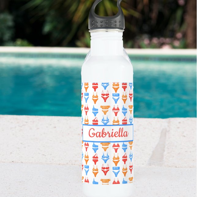 Fun Colorful Summer Pool Beach Personalized Name Stainless Steel Water Bottle (Creator Uploaded)
