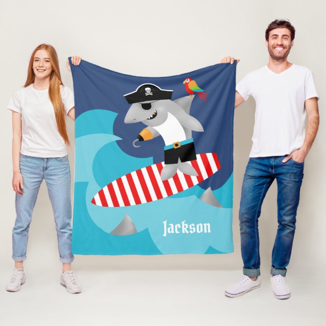 Fun Colorful Surfing Pirate Shark Throw Fleece Blanket (In Situ)
