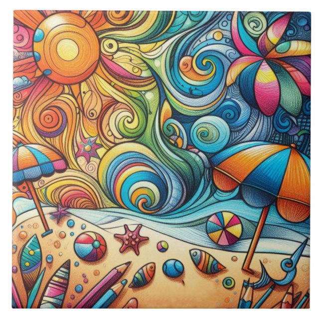 FUN COLORFUL SWIRLS BEACH SCENE CERAMIC TILE (Front)