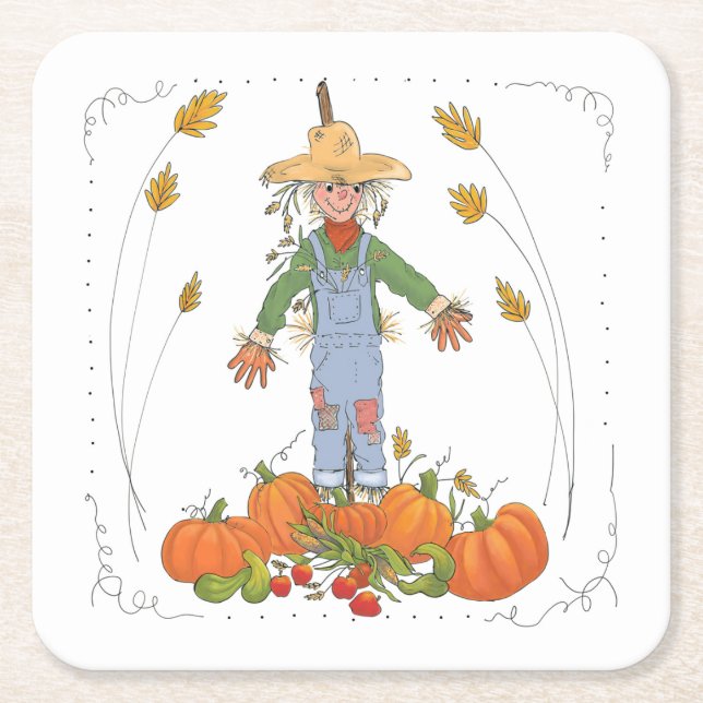 Fun Colorful Thanksgiving Scarecrow Pumpkin Patch Square Paper Coaster (Front)