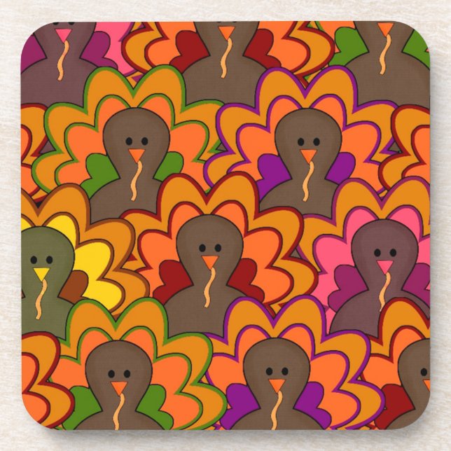 Fun Colorful Thanksgiving Turkeys Beverage Coaster (Front)