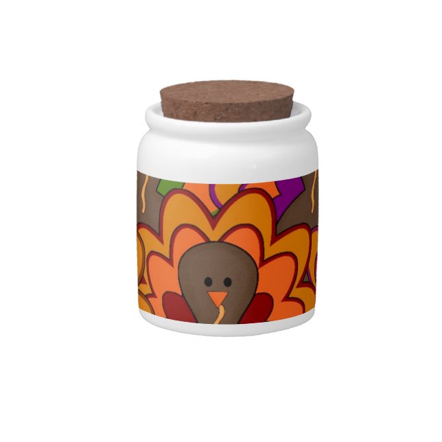 Fun Colorful Thanksgiving Turkeys Candy Jar (Front)