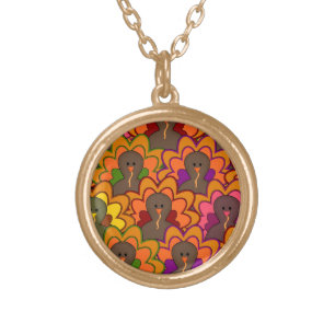 Fun Colorful Thanksgiving Turkeys Gold Plated Necklace
