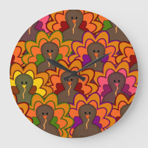 Fun Colorful Thanksgiving Turkeys Large Clock