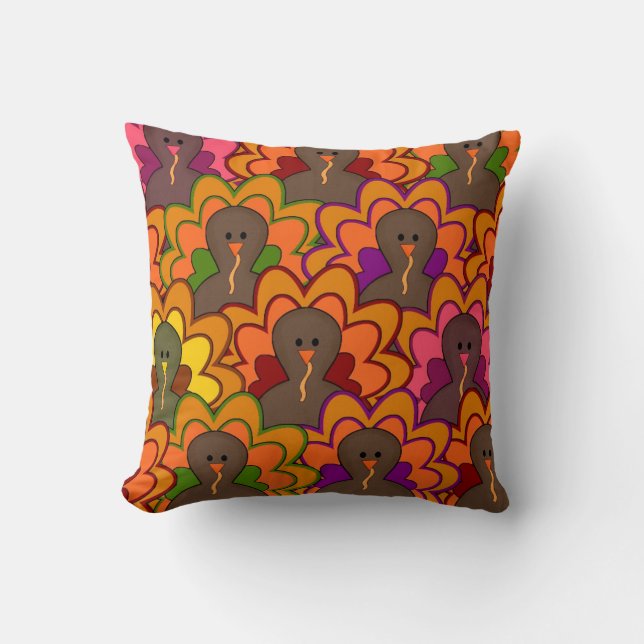Fun Colorful Thanksgiving Turkeys Throw Pillow (Front)