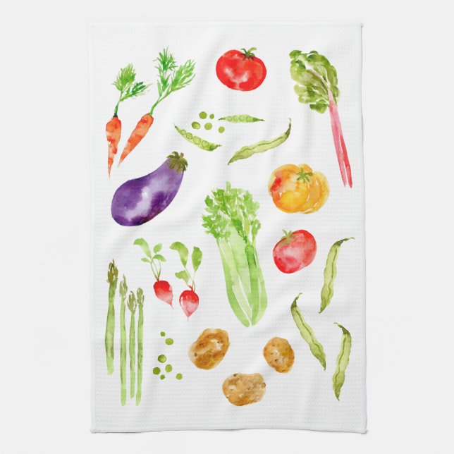 Fun colorful vegetables watercolor kitchen towel (Vertical)