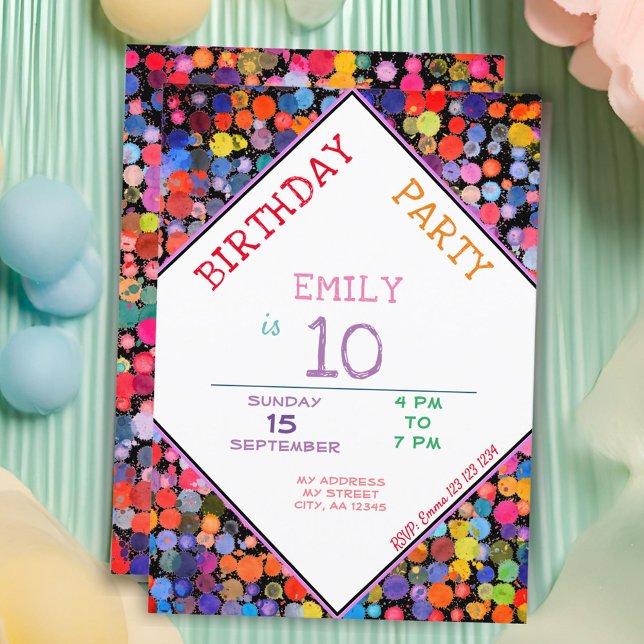 Fun Colorful Watercolor Paint Blots Kids Birthday Invitation (Creator Uploaded)