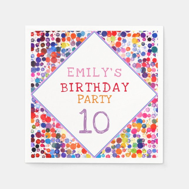 Fun Colorful Watercolor Paint Blots Kids Birthday Napkins (Front)