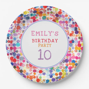 Fun Colorful Watercolor Paint Blots Kids Birthday Paper Plates