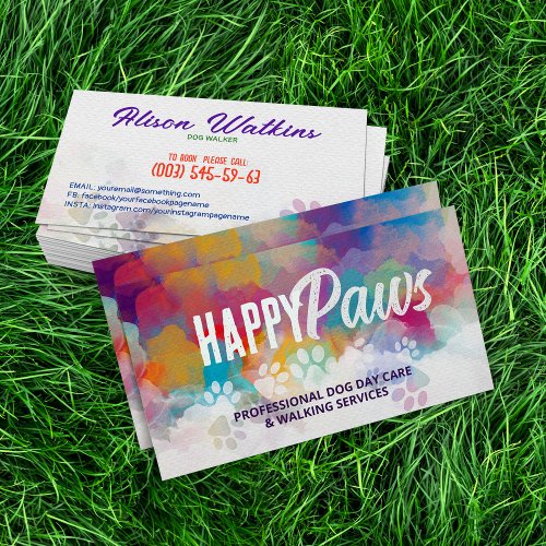 Fun Colorful Watercolor Paw Prints Business Card