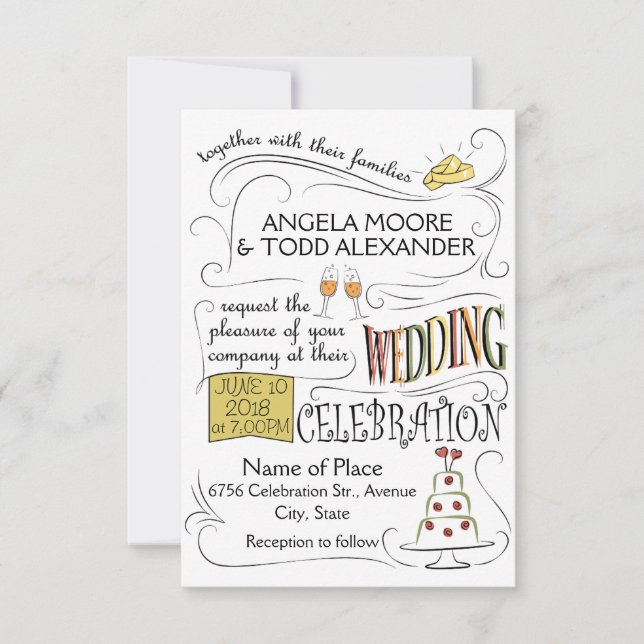 Fun, colorful wedding invitation design (Front)