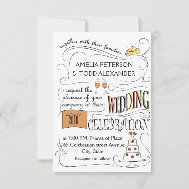 Fun, colorful wedding invitation design. (Front)