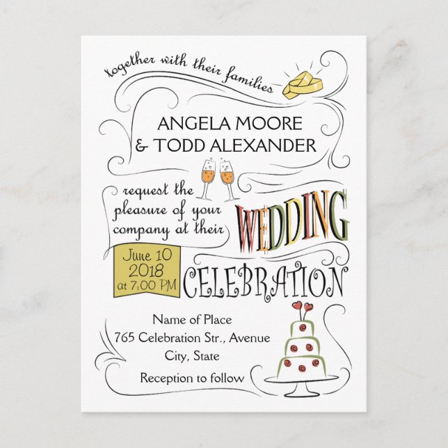 Fun, colorful wedding invitation design postcard (Front)