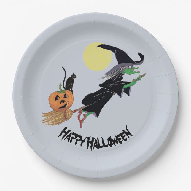 Fun Colorful Witch Halloween Party Paper Plate (Front)