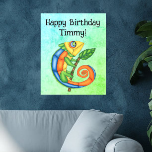 Fun Colourful Happy Lizard Holding Leaf Blue Green Wall Decal