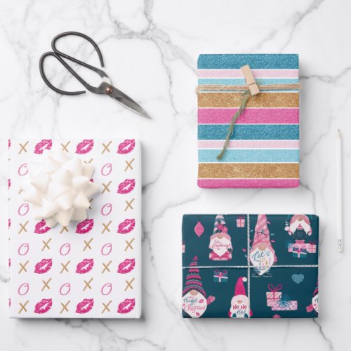 Fun Colourful Stripe Gnome and Kisses Christmas Wrapping Paper Sheets