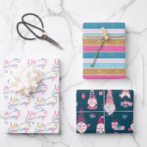 Fun Colourful Stripe Gnome and Kisses Christmas Wrapping Paper Sheets
