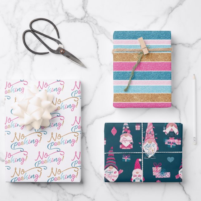 Fun Colourful Stripe, Gnome and Kisses Christmas Wrapping Paper Sheets (Front)