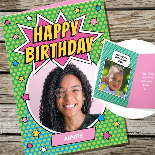 Fun Comic Birthday Stars Auntie Custom Photos Card