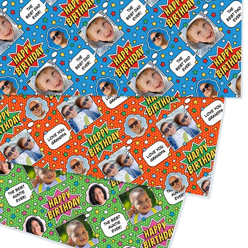 Fun Comic Birthday Stars Custom Photos 3 Set Wrapping Paper Sheets