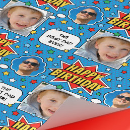 Fun Comic Birthday Stars Dad Custom Photos Blue Wrapping Paper