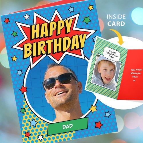 Fun Comic Birthday Stars Dad Custom Photos Card