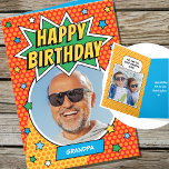 Fun Comic Birthday Stars Grandpa Custom Photos Card<br><div class="desc">Say 'Happy Birthday' with this fun, comic-book style greetings card. An editable template, personalized with two of your own photos and text. This colorful card can be adapted for all family members including Mom, Dad, Grandma, Grandpa, auntie, uncle, friends or pets! It features retro-style typography, strong lines and bright colors,...</div>