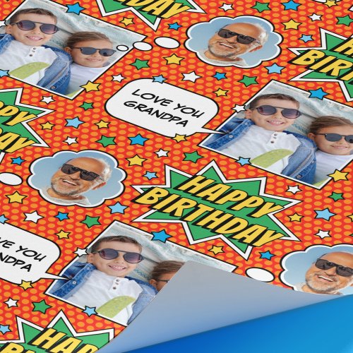 Fun Comic Birthday Stars Grandpa Custom Photos Wrapping Paper