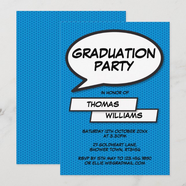 Fun Comic Book Blue Class of 2022 Graduation Party Invitation (Front/Back)