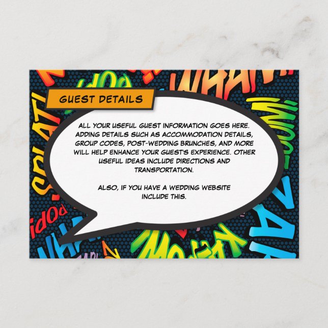 Fun Comic Book Wedding Accommodation Details Enclosure Card (Front)