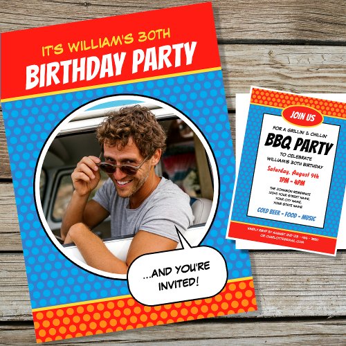 Fun Comic Style Any Age Birthday Party BBQ Blue Invitation