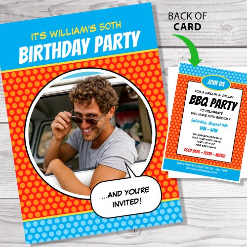 Fun Comic Style Any Age Birthday Party BBQ Orange Invitation