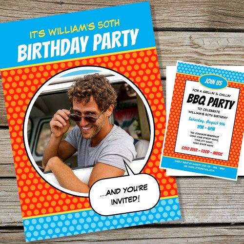 Fun Comic Style Any Age Birthday Party BBQ Orange Invitation