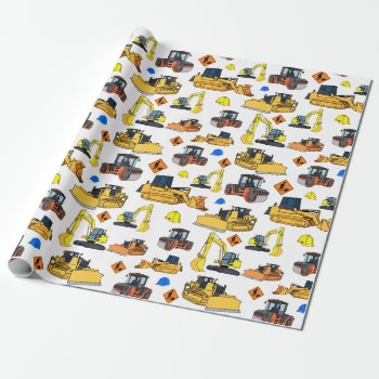 Fun Construction Vehicles Illustrations Pattern Wrapping Paper by judgeart at Zazzle