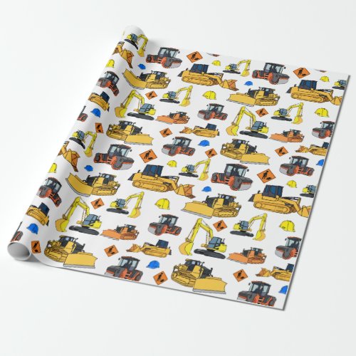 Fun Construction Vehicles Illustrations Pattern Wrapping Paper