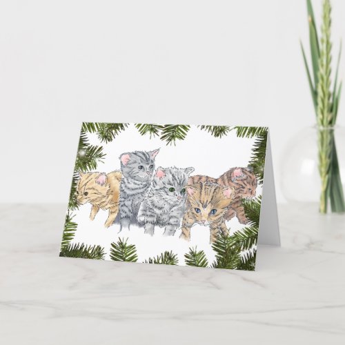 Fun Contemporary Kittens in Pines Christmas Holiday Card