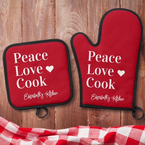 Fun Cooks Monogram Name Red Oven Mitt  Pot Holder Set