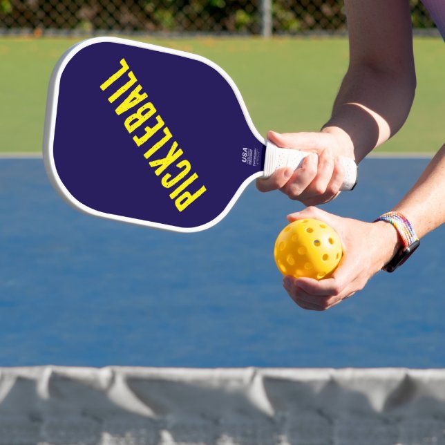 Fun Cool 90s Yellow Diagonal Text On Navy Blue Carbon Fiber Pickleball Paddle (Insitu)