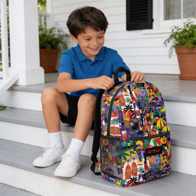 Fun Cool Cartoon Colorful Doodle Personalized Kid Printed Backpack (Super fun backpack featuring a tropical pattern in cartoon view and personalized name label.)