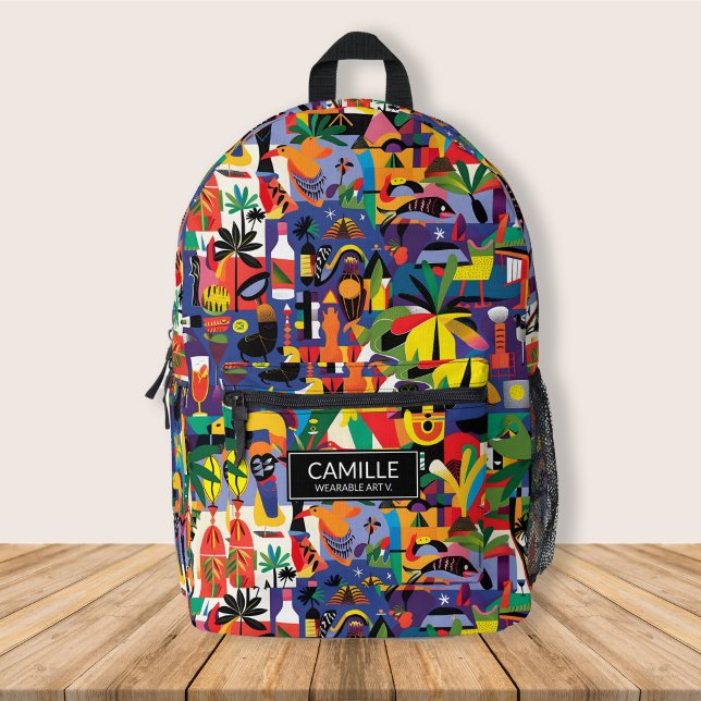 Fun Cool Cartoon Colorful Doodle Personalized Kid Printed Backpack (Cool and fun cartoon tropical pattern all over printed personalized kid backpacks, back to school)