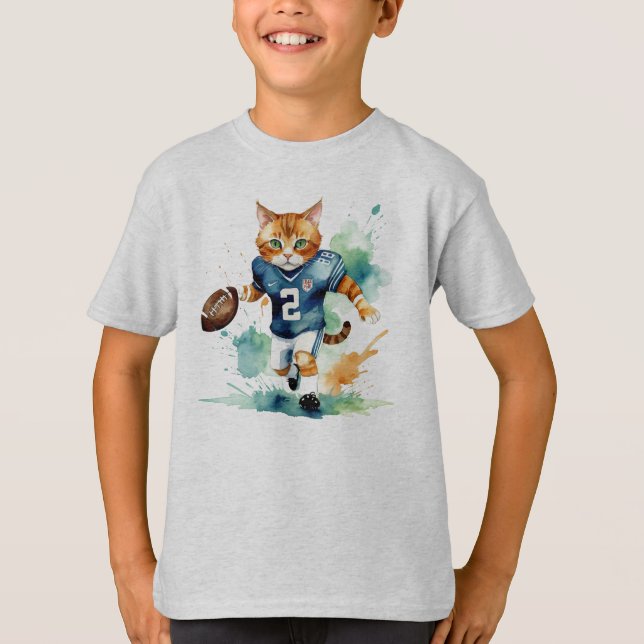 Fun Cool Cat Football Rugby Player  Animal Humor T-Shirt (Front)