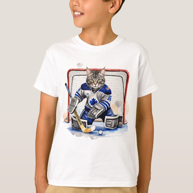 Fun Cool Cat Hockey Goalie  Animal Humor T-Shirt (Front)